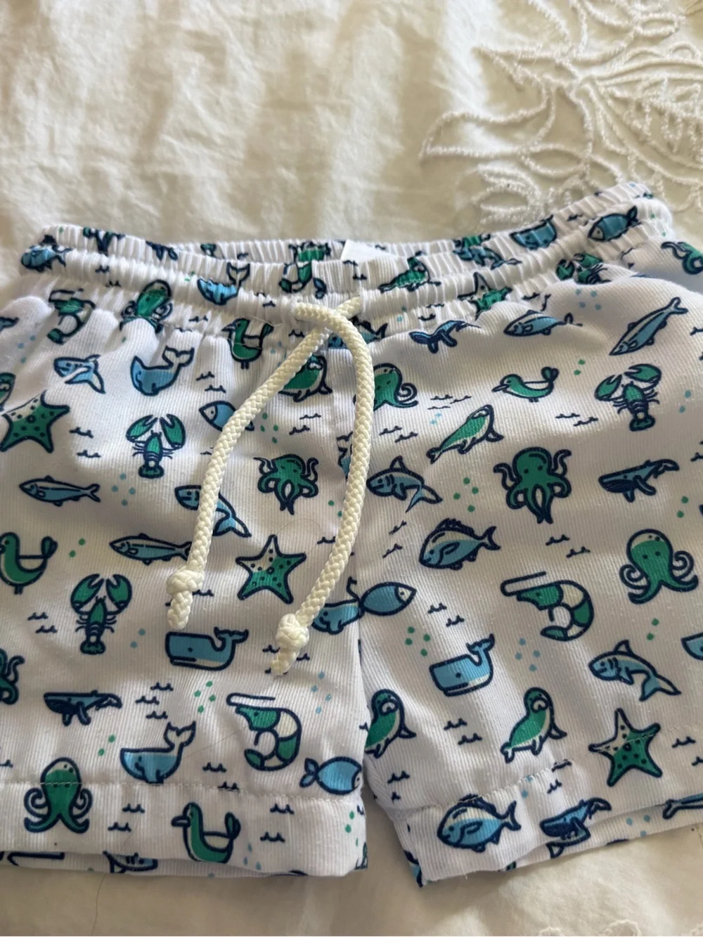 Kids Sea Life Swim Shorts - White & Aqua - Brand: